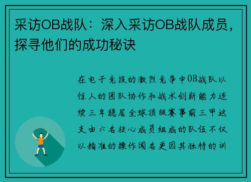 采访OB战队：深入采访OB战队成员，探寻他们的成功秘诀